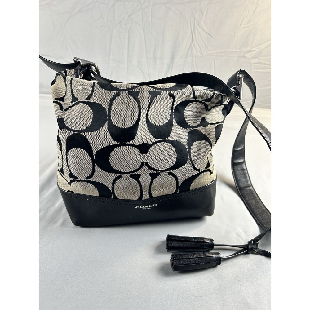 Coach Signature C Hobo Bag Black Khaki Canvas Leather Tassel - Picture 1 of 9